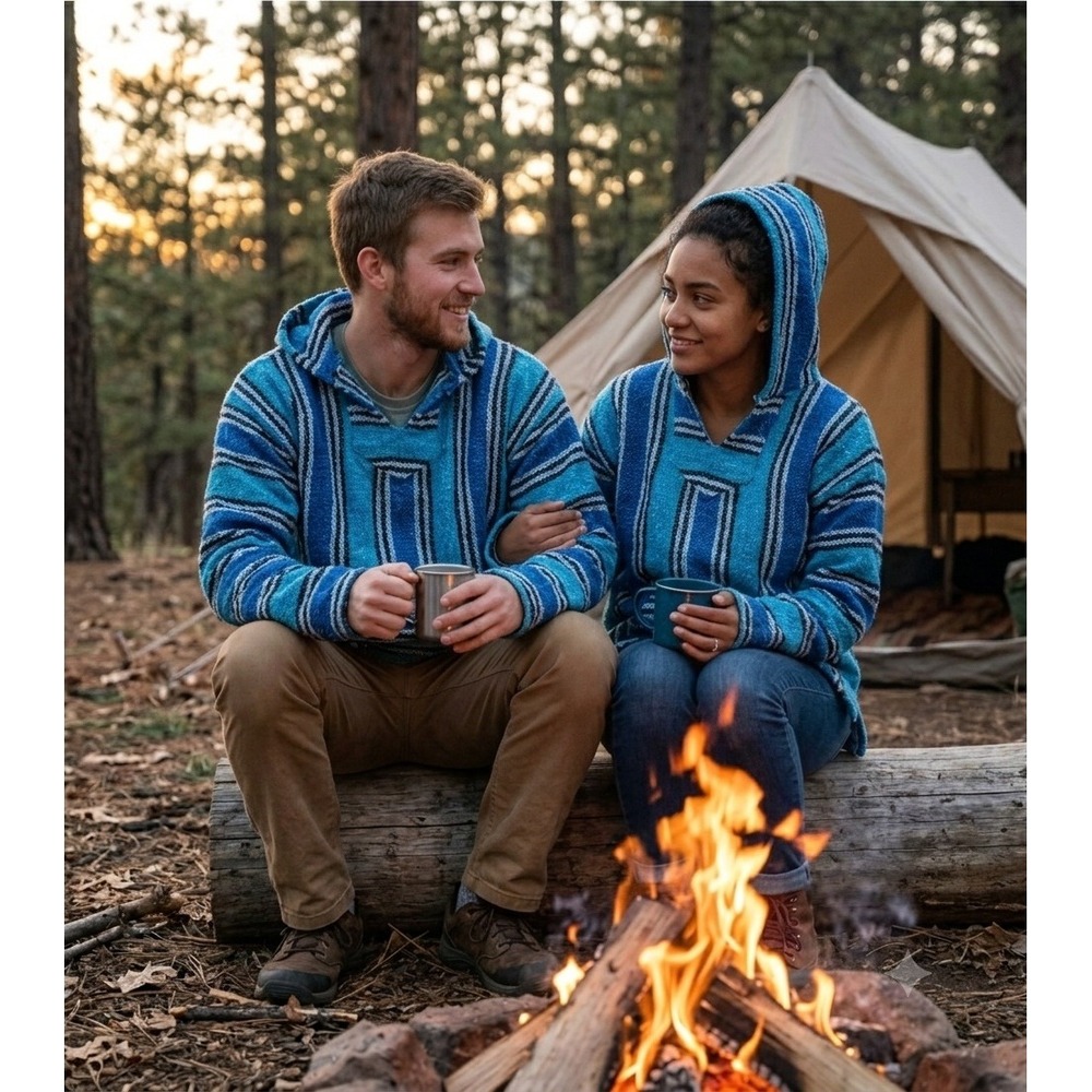 Iguana Jack Earth Ragz Baja Hoodie Blue Turquoise Striped Mexican Poncho Large